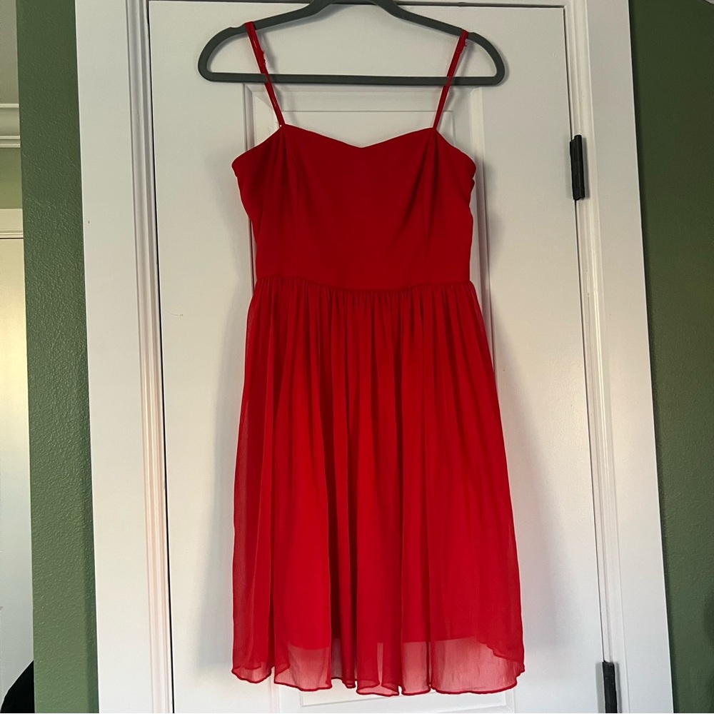 Red spaghetti strap dress with crinkle chiffon overlay
